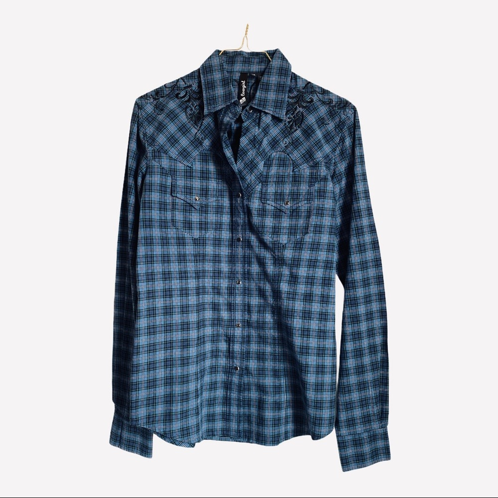 RU Cowgirl Embroidered Plaid Pearl Snap Shirt